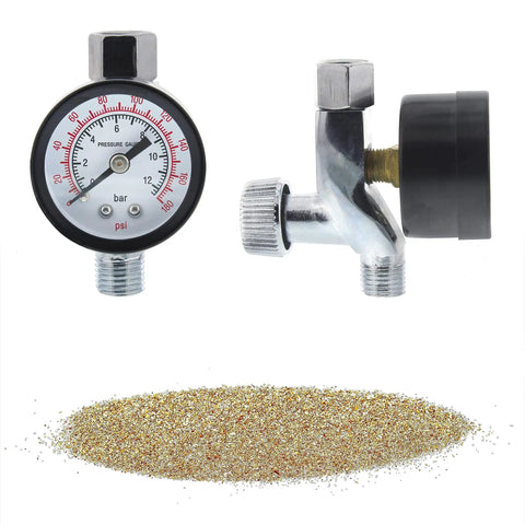 Gravity Feed Sand Blaster Kit For Air Compressor Portable Pro Grade Blaster With Regulator and sand pile shown