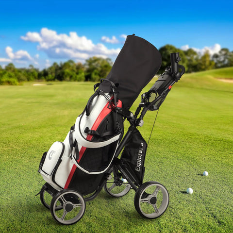 Explorer V8 Golf Push Cart Built for the Road with bag, Lightweight Aluminum Frame, EVA Wheels, on a golf course