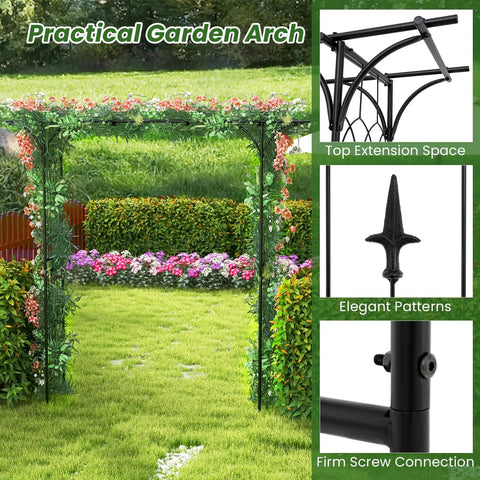 81 Inch Garden Arch Metal Arbor for Climbing Plants, Heavy Duty Outdoor Trellis with floral decorations, top extension view