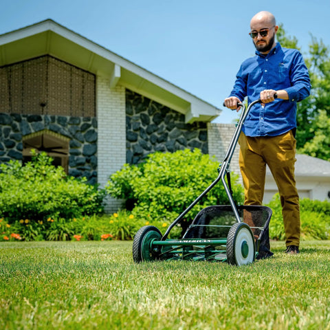 16 Inch 7 Blade Reel Lawn Mower With Grass Catcher For Bermuda Zoysia And Tiff Short Grass Types Eco Friendly Push Mower For Precise Neat Yard Care And Clean Cuts in use on a lawn
