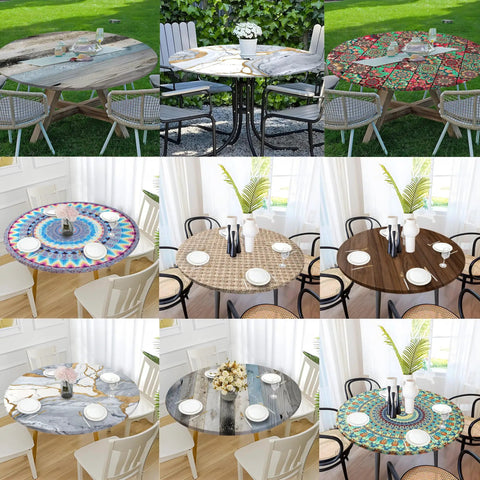 Wood Grain Round Tablecloth With Elastic Edge Spill Proof Waterproof And Oil Proof Fitted Cover For Indoor Outdoor Patio Tables 48 Inch Diameter Wipeable Stain Resistant Fits Round Tables From 46 To 50 Inches displayed on tables in various settings.