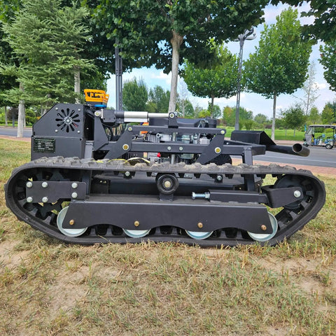Side view of Remote Controlled Lawn Mower For Slopes And Rough Terrain, Heavy Duty Tracked Grass Cutter For Farms, Yards, Orchards And Hillsides