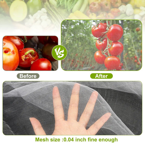 Comparison of tomatoes with and without Garden Netting 10x50 Ft Ultra Fine Mesh Pest Barrier, hand showing fine mesh detail