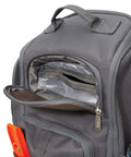 Close-up of 20 Inch Hard Bottom Tool Backpack pocket with durable 1800D polyester and top grain leather, showcasing interior mesh pockets.