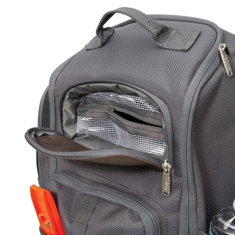 Close-up of 20 Inch Hard Bottom Tool Backpack pocket with durable 1800D polyester and top grain leather, showcasing interior mesh pockets.