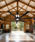 120 Inch Ceiling Fan With Lights For Large Commercial Spaces And Industrial Shops, Heavy Duty Outdoor Covered Area Fan Delivering Up To 24,000 CFM Of Powerful Airflow, Built For Big Open Rooms in a wood workshop