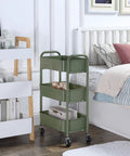 3 Tier Compact Rolling Metal Storage Cart With Wheels For Kitchen And Home Office, Mobile Utility Trolley beside bed