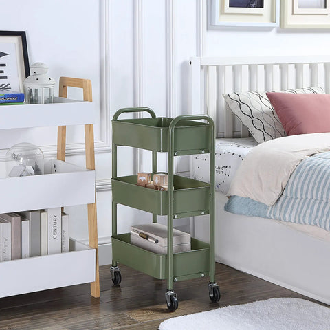 3 Tier Compact Rolling Metal Storage Cart With Wheels For Kitchen And Home Office, Mobile Utility Trolley beside bed