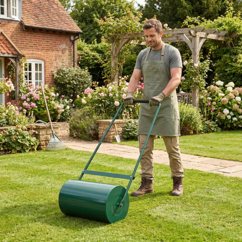 Man using Tough-As-Nails Rust-Resistant Steel Lawn Roller For Yards And Gardens, 46L Capacity, 23 Inch with U-shaped handle