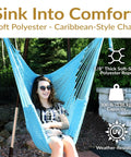 Sky Blue Caribbean XL Outdoor Hammock Chair Swing For Reading And Relaxing, woman seated comfortably