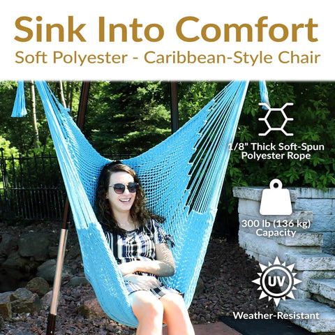 Sky Blue Caribbean XL Outdoor Hammock Chair Swing For Reading And Relaxing, woman seated comfortably
