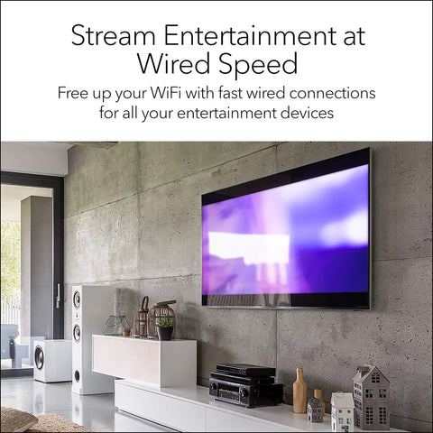 Living room setup with TV and Ethernet connection using 8 Port Gigabit Ethernet Unmanaged Essentials Switch GS308 for wired speed.