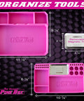 Two Piece Flexible Silicone Tool Organizer Tray Set In Pink For Safe Slip Resistant Storage Grab And Go Magnetic Tray With Divided Compartments And A Larger Tray For Bigger Tools Or Parts shown with dimensions and magnetic feature.