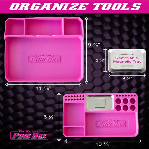Two Piece Flexible Silicone Tool Organizer Tray Set In Pink For Safe Slip Resistant Storage Grab And Go Magnetic Tray With Divided Compartments And A Larger Tray For Bigger Tools Or Parts shown with dimensions and magnetic feature.