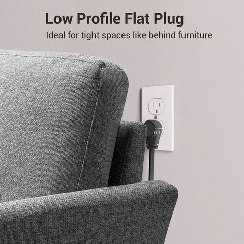 Low profile flat plug of Two Pack Heavy Duty Power Strip Surge Protector With 25 Ft Extra Long Extension Cord behind sofa