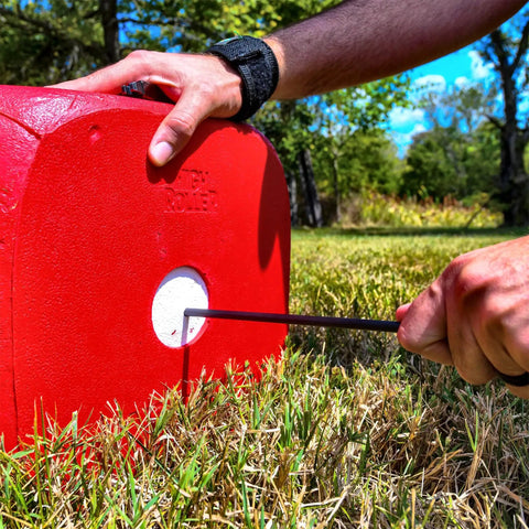 High Roller Foam Archery Target Cube With 21 Bullseyes, 13 inch by 13 inch, lawn setup using carrying handle outdoors