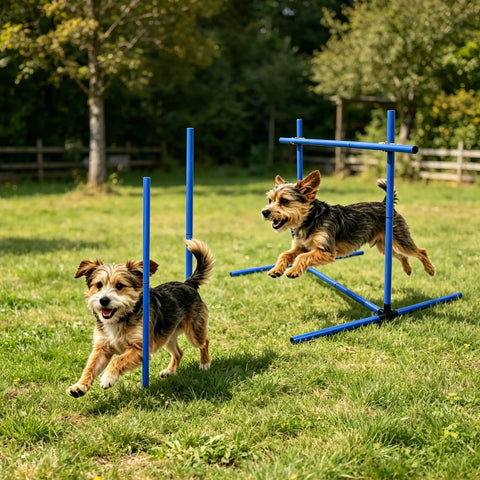 Dogs using Dog Agility Jump Set With Adjustable Hurdles And Weave Poles For Indoor Outdoor Backyard Training, height 0 to 31 inches