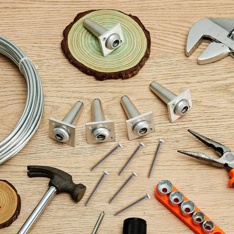 Pro Grade Anchor Vise Set For 8 To 11 Gauge Wire, Includes 4 Vises And Galvanized Wire, tools and screws on wooden surface