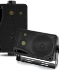Black Three Way Indoor Outdoor Speaker System Pair For Home Theater And PA, 3.5 Inch Woofer, 1 Inch Tweeter, and 1.75 Inch Midrange.