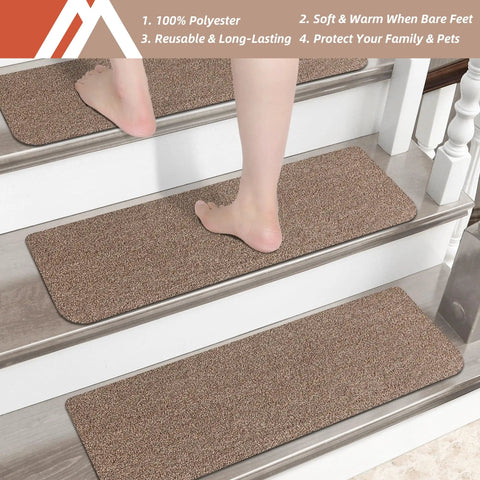 Non Slip Stair Treads Carpet Mats 28 By 9 Inches Indoor Stair Runners For Wooden Steps Teal 10 Pack With 100 Percent Polyester And TPE Backing Safe For Kids And Pets Floor Protection in use on wooden stairs