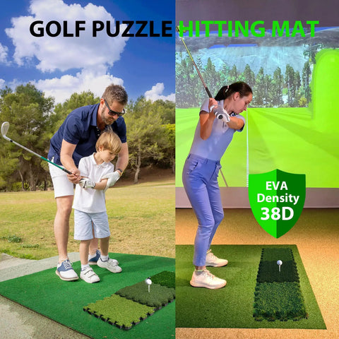 Tri Turf Golf Hitting Mat With Thick EVA Foam Base And Tri Turf Tiles for backyard practice with golfer and child