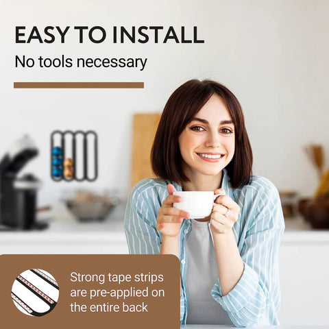 Woman holding cup with Dope Under Cabinet Capsule Organizer For Vertuo Pods 20 Capacity Adhesive in blurred background