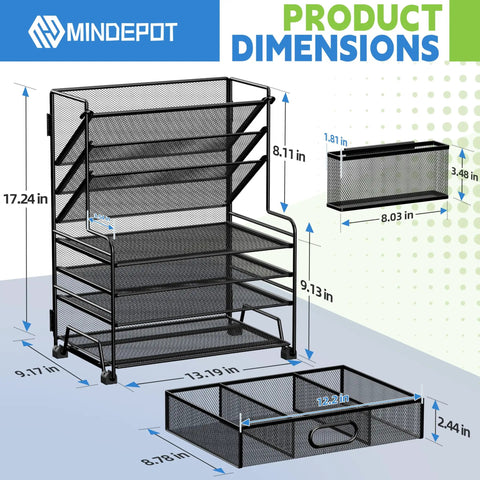 4 Tier Paper Organizer With 3 Pocket File Holder Drawer And Pen Holders Desktop Organizer For Office School And Classroom Black, dimensions labeled