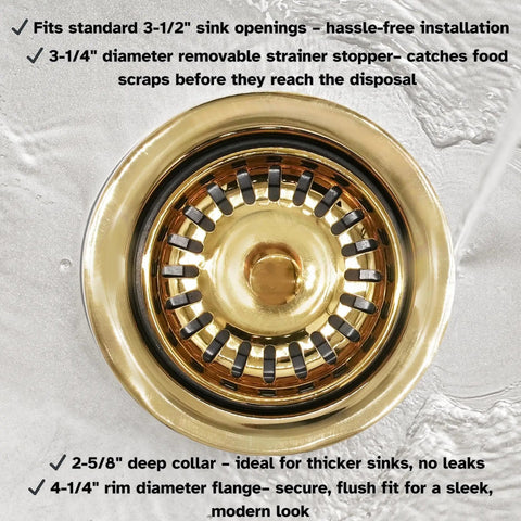 Three And One Half Inch Extra Deep Collar Kitchen Sink Waste Disposal Flange With Built In Strainer Stopper Polished Brass Heavy Duty