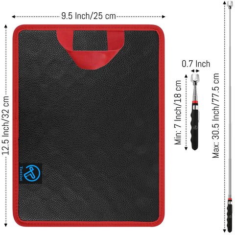Magnetic Tool Mat And Telescoping Magnetic Pickup Tool Set for Garage And Workshop, dimensions displayed, red trim, PVC material.