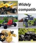 Collage featuring Rear Brake Caliper Go Kart Brake Kit with Beefy Performance Brake Pads, 50cc-250cc ATVs, go-karts, dune buggies.