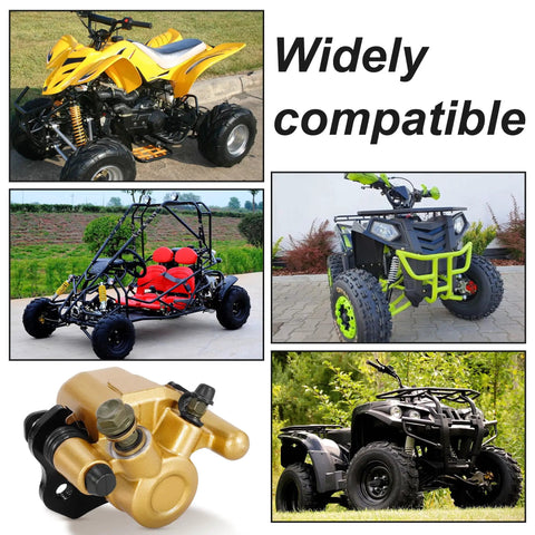 Collage featuring Rear Brake Caliper Go Kart Brake Kit with Beefy Performance Brake Pads, 50cc-250cc ATVs, go-karts, dune buggies.