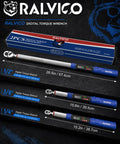 Heavy Duty Digital Torque Wrench Set Featuring 1/2 And 3/8 Inch Drives For Motorcycle And Car Engines with case and digital displays.