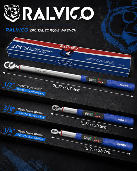 Heavy Duty Digital Torque Wrench Set Featuring 1/2 And 3/8 Inch Drives For Motorcycle And Car Engines with case and digital displays.