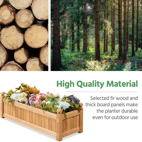 Wooden Raised Garden Bed Planter Box For Yard And Greenhouse Outdoor Use, Rectangular, durable fir wood, filled with flowers.