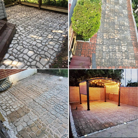 Patio pathways made using Concrete Molds And Forms Stepping Stone Paver Set 4 Pack 13x13x1.4 Inch, showcasing garden walkway designs.