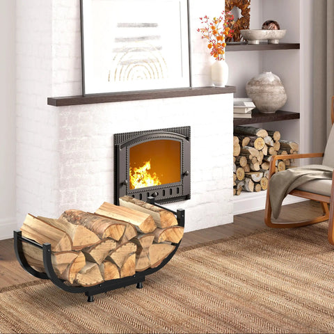Heavy Duty 29 Inch Firewood Rack For Indoor Or Outdoor Use Sturdy Iron Log Holder With Big Capacity Storage near fireplace