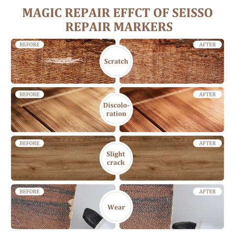 Before and after comparison of wood repair using Top Drawer Wood Furniture Touch Up Markers Set. Visible scratches and discoloration.