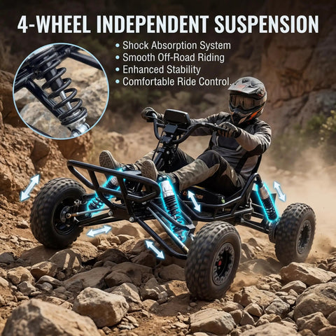Rider on Beast Electric Go Kart For Adults And Teens With 48V 2000W Motor Peak 2500W navigating rocky terrain