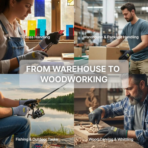 Level 5 Cut Resistant Work Gloves Cru553 during various tasks like glass handling, warehouse, fishing, and woodworking.