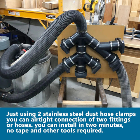 2 Pack 2.5 Inch Dust Control Flex Hose Cuff Connectors For Dust Collection Hose Fits 2-1/2 Inch Systems With 4 Stainless Steel Clamps installed on a shop setup.