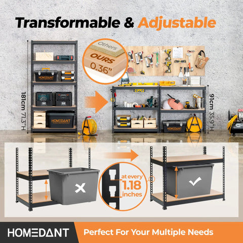 Heavy Duty 5 Tier Garage Shelving Unit With Adjustable Metal Racks in garage setting, showing transformable shelves and storage options.