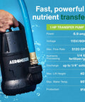 Heavy Duty 1 HP Submersible Transfer Pump 5120 GPH with blue hose, designed for fast nutrient transfer and waste removal.