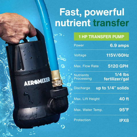 Heavy Duty 1 HP Submersible Transfer Pump 5120 GPH with blue hose, designed for fast nutrient transfer and waste removal.