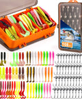 Orange dual-sided tackle box with 108 Piece Tackle Box Fishing Lures Set With Paddle Tail Swimbaits Soft Worms Floating Shrimp Lures And Round Jig Heads For Freshwater Crappie Bass Trout All In One Tackle Kit For Men.