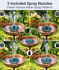 Floating Solar Bird Bath Fountain Pump With 6V 1.2W Panel, 5 spray patterns, displayed in a copper bird bath with interchangeable nozzles