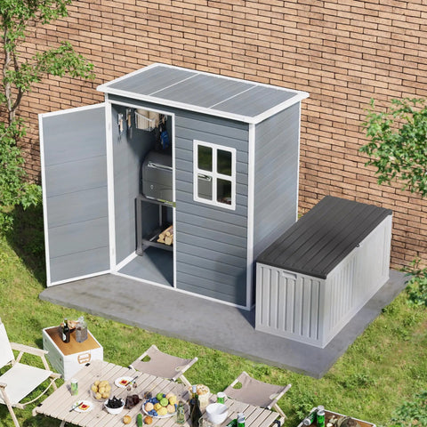 5x3 Ft Outdoor Storage Shed With Lockable Door, Rugged Weatherproof Resin Garden Shed With Floor And Ventilation next to patio