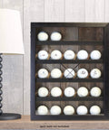 11x14 Golf Ball Display Case Shadow Box Frame in Black holds 25 logo balls with hinged magnetic glass front beside a lamp