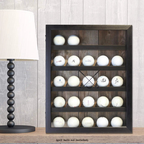 11x14 Golf Ball Display Case Shadow Box Frame in Black holds 25 logo balls with hinged magnetic glass front beside a lamp