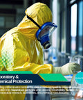 Rugged Chemical Resistant Coveralls With Integrated Boots And Hood For Straight Up Reliable Full Body Safety Engineered Durable Sealed Polyethylene Coated Suit Size S in laboratory, man working with glassware.