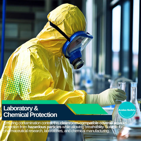 Rugged Chemical Resistant Coveralls With Integrated Boots And Hood For Straight Up Reliable Full Body Safety Engineered Durable Sealed Polyethylene Coated Suit Size S in laboratory, man working with glassware.